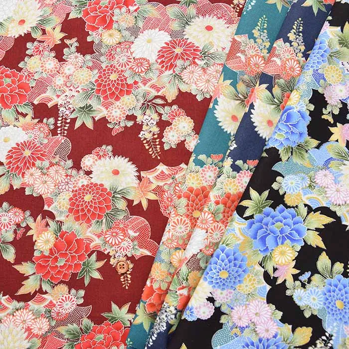コットンシーチングシルバーラメプリント生地 和菊